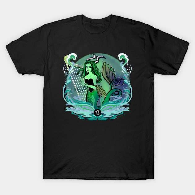 Capricorn Sea Goat Musical Mermaid Retro Design T-Shirt by Magenta Arts